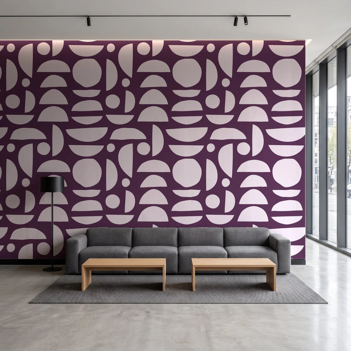 Geo Eclipse Plum organic shapes wallpaper in a contemporary commercial office lobby
