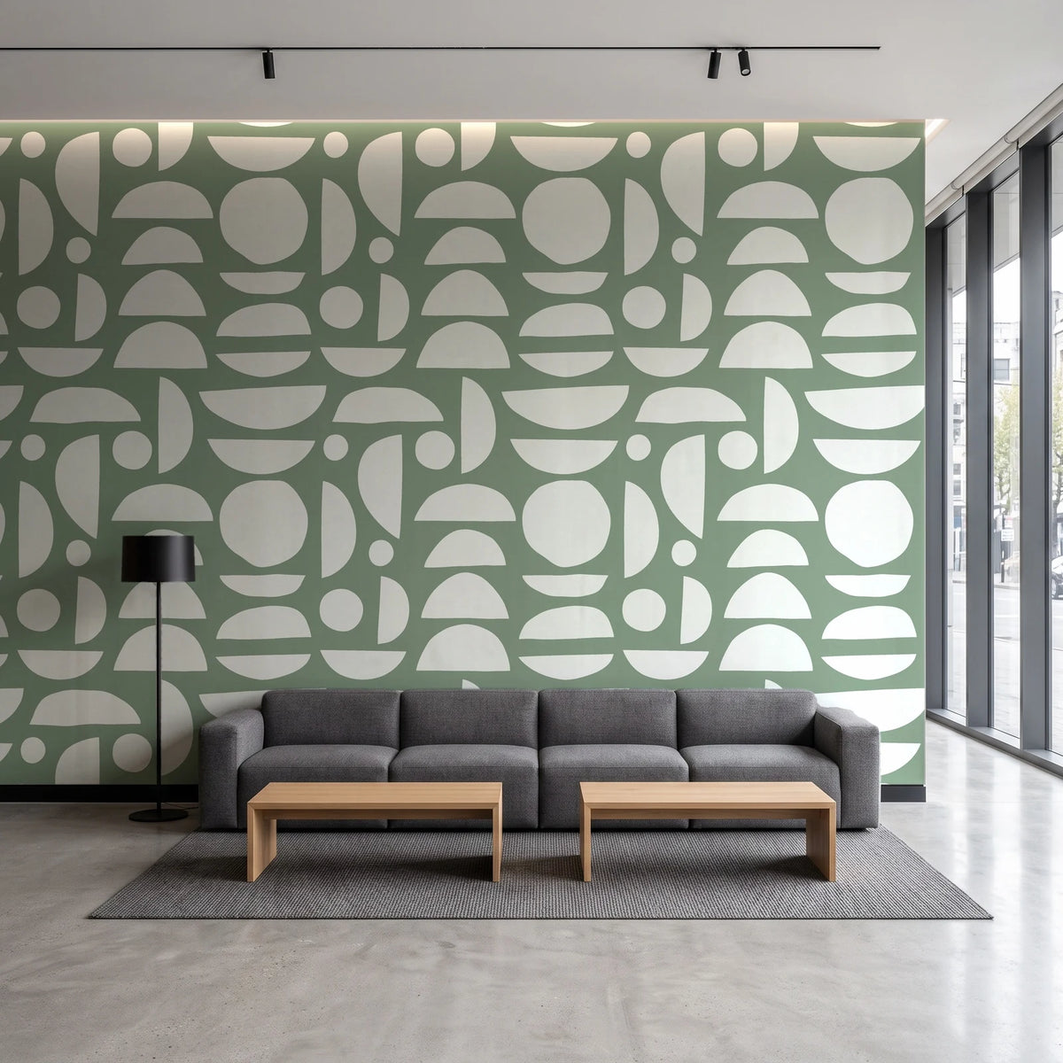 Geo Eclipse Sage organic shapes wallpaper in a contemporary commercial office lobby