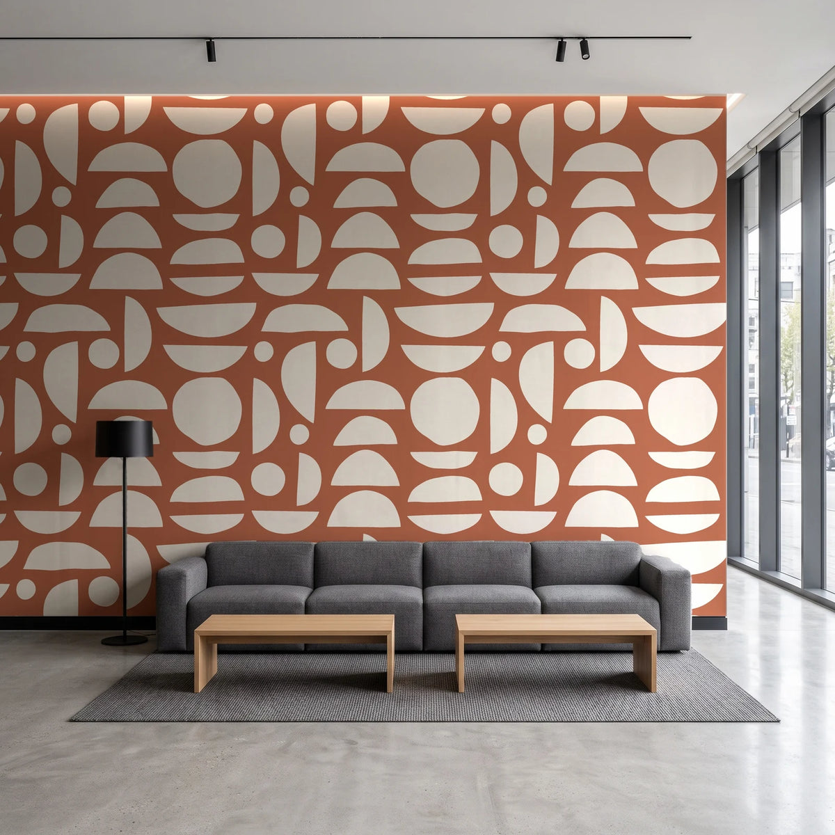 Geo Eclipse Terracotta organic shapes wallpaper in a contemporary commercial office lobby