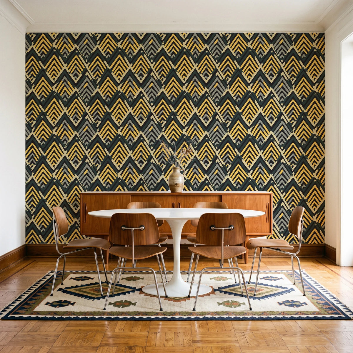 Gilded Crossing Onyx chevron geometric wallpaper in a mid-century dining room with a teak sideboard and tulip table
