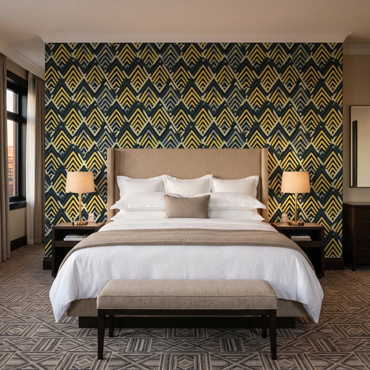 Gilded Crossing Onyx chevron geometric wallpaper behind the headboard of a king bed in a contemporary hotel guest room