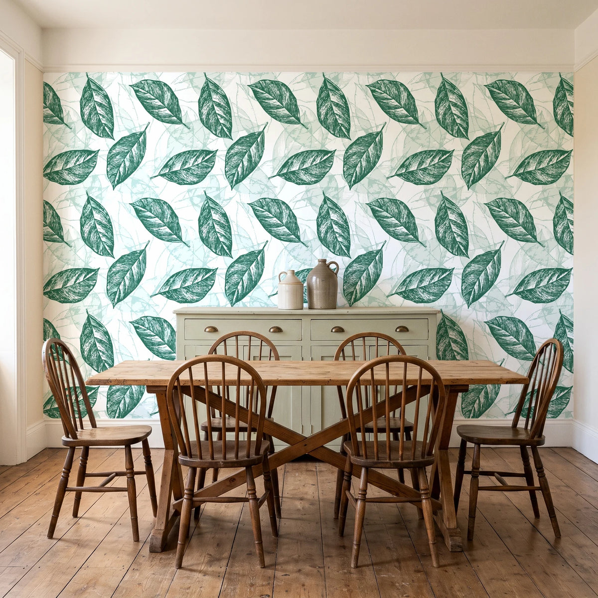 Gilded Frond Emerald leaf wallpaper in a farmhouse dining room with a sage sideboard and rustic trestle table