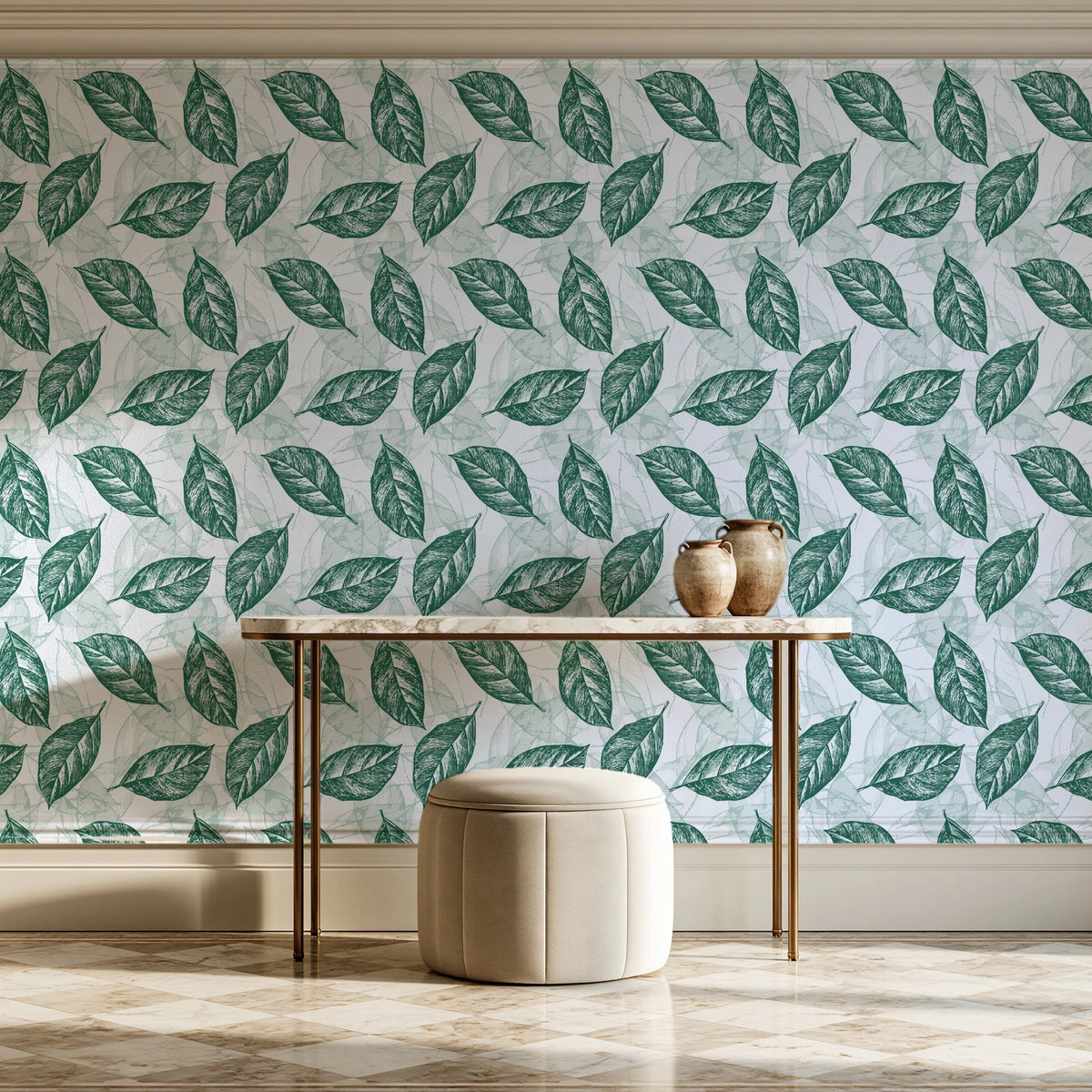 Gilded Frond Emerald leaf wallpaper on the wall of a grand entry foyer