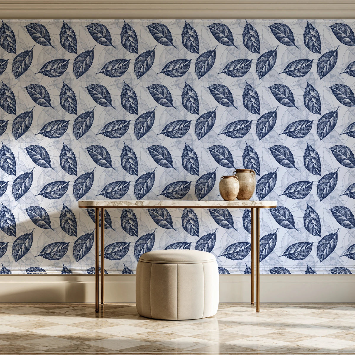 Gilded Frond Navy leaf wallpaper on the wall of a grand entry foyer