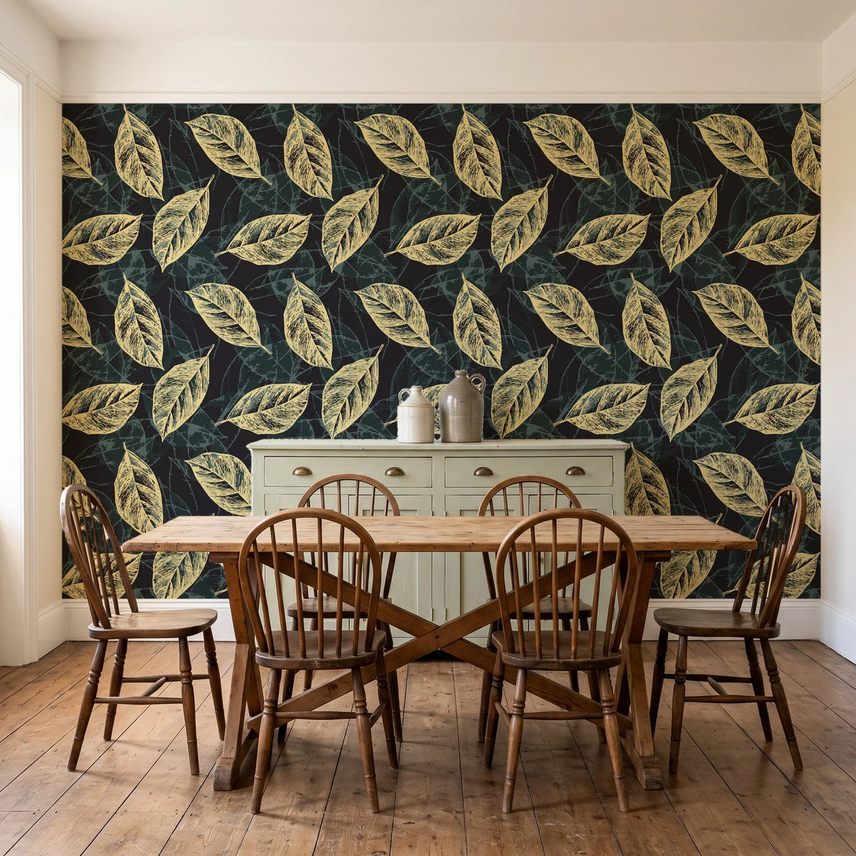Gilded Frond Noir leaf wallpaper in a farmhouse dining room with a sage sideboard and rustic trestle table