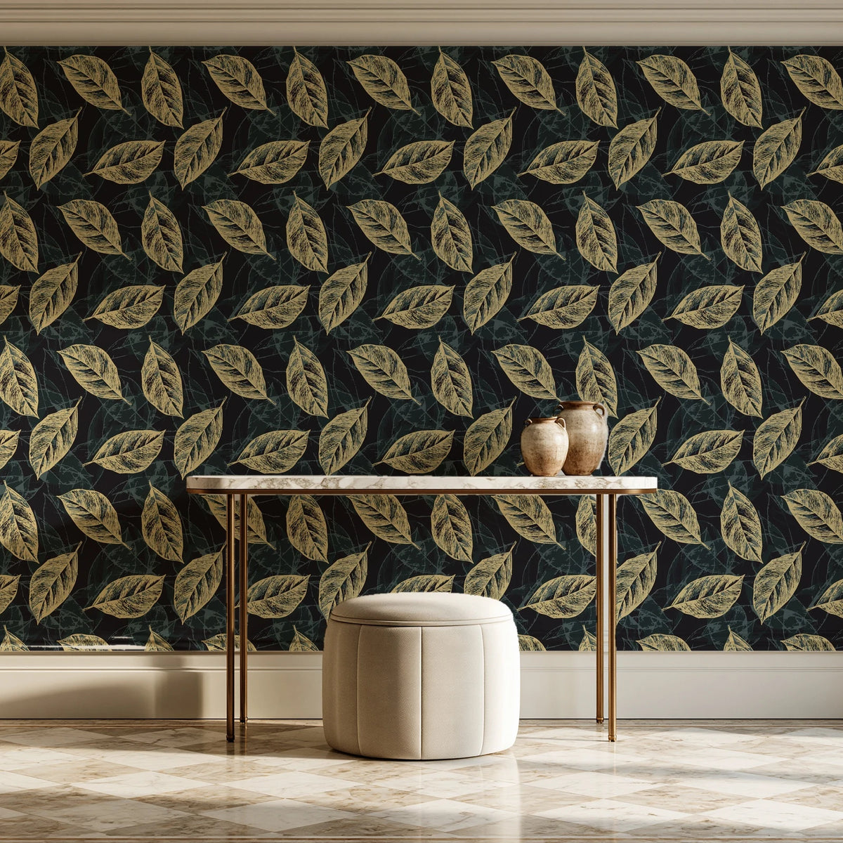 Gilded Frond Noir leaf wallpaper on the wall of a grand entry foyer