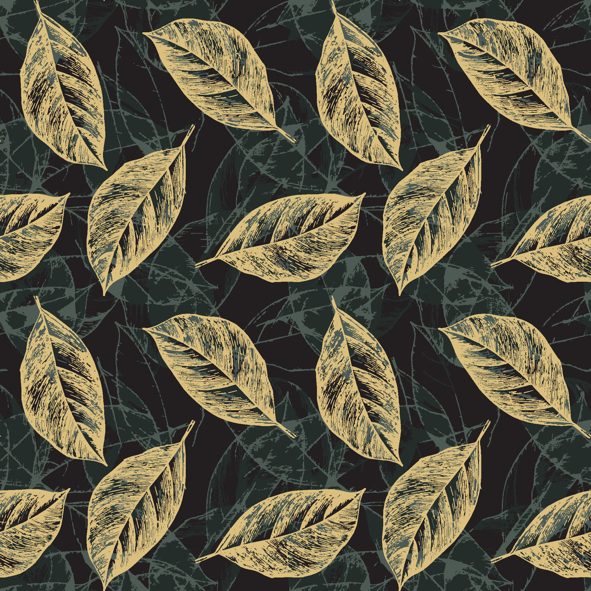 Gilded Frond Noir leaf wallpaper in black and gold