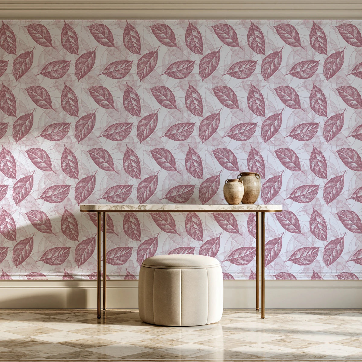 Gilded Frond Rose leaf wallpaper on the wall of a grand entry foyer