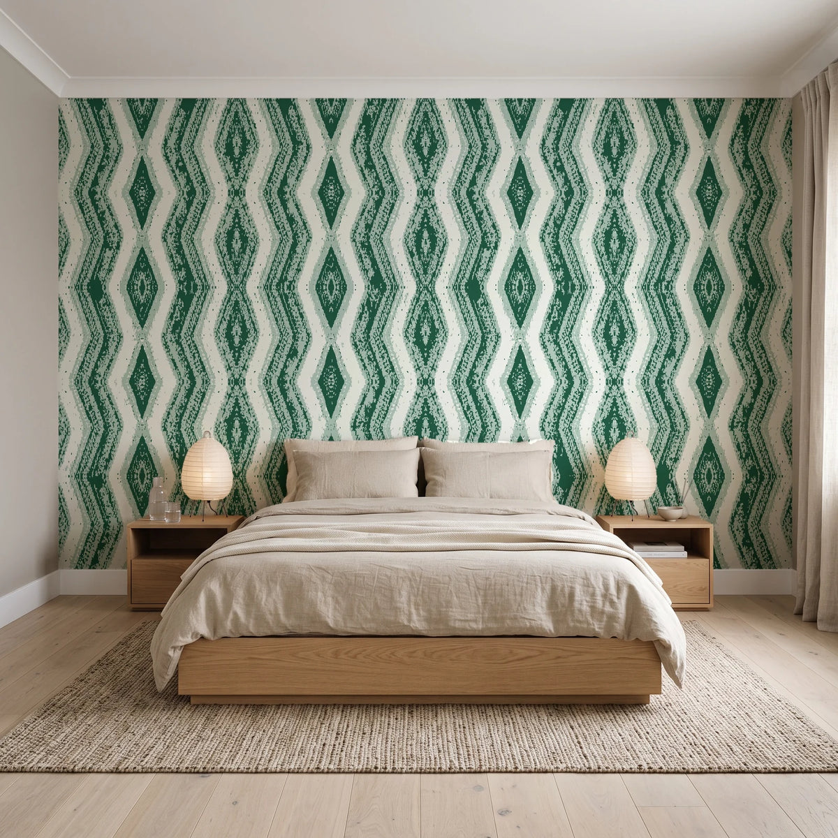 Gilded Rain Emerald geometric wallpaper behind a low platform bed in a serene Japandi bedroom