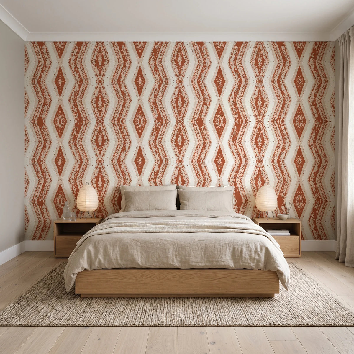 Gilded Rain Terracotta geometric wallpaper behind a low platform bed in a serene Japandi bedroom