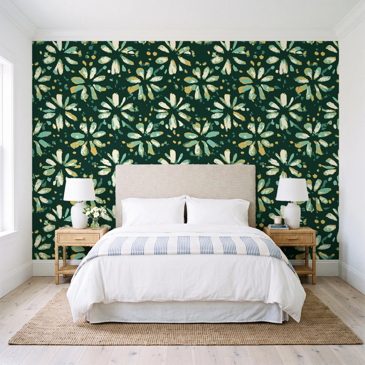 Gilt Scatter Emerald floral scatter wallpaper behind a queen bed in a bright coastal bedroom