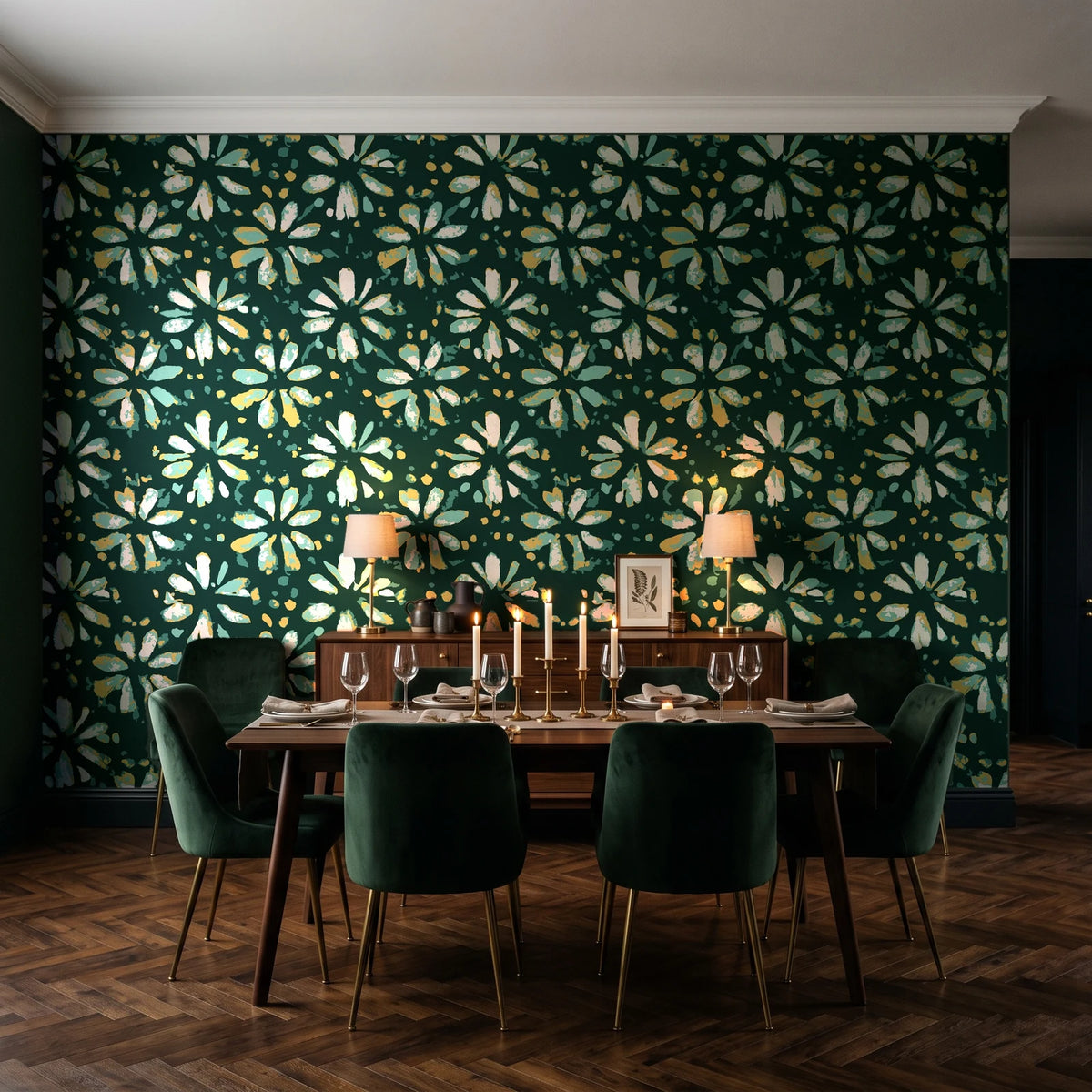 Gilt Scatter Emerald floral scatter wallpaper in a dark moody dining room with a candlelit table