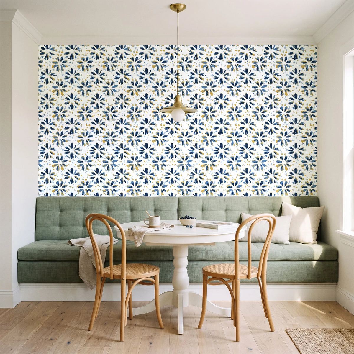 Gilt Scatter Navy floral scatter wallpaper as a feature wall in a sunlit breakfast nook