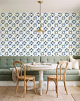 Gilt Scatter Navy floral scatter wallpaper as a feature wall in a sunlit breakfast nook