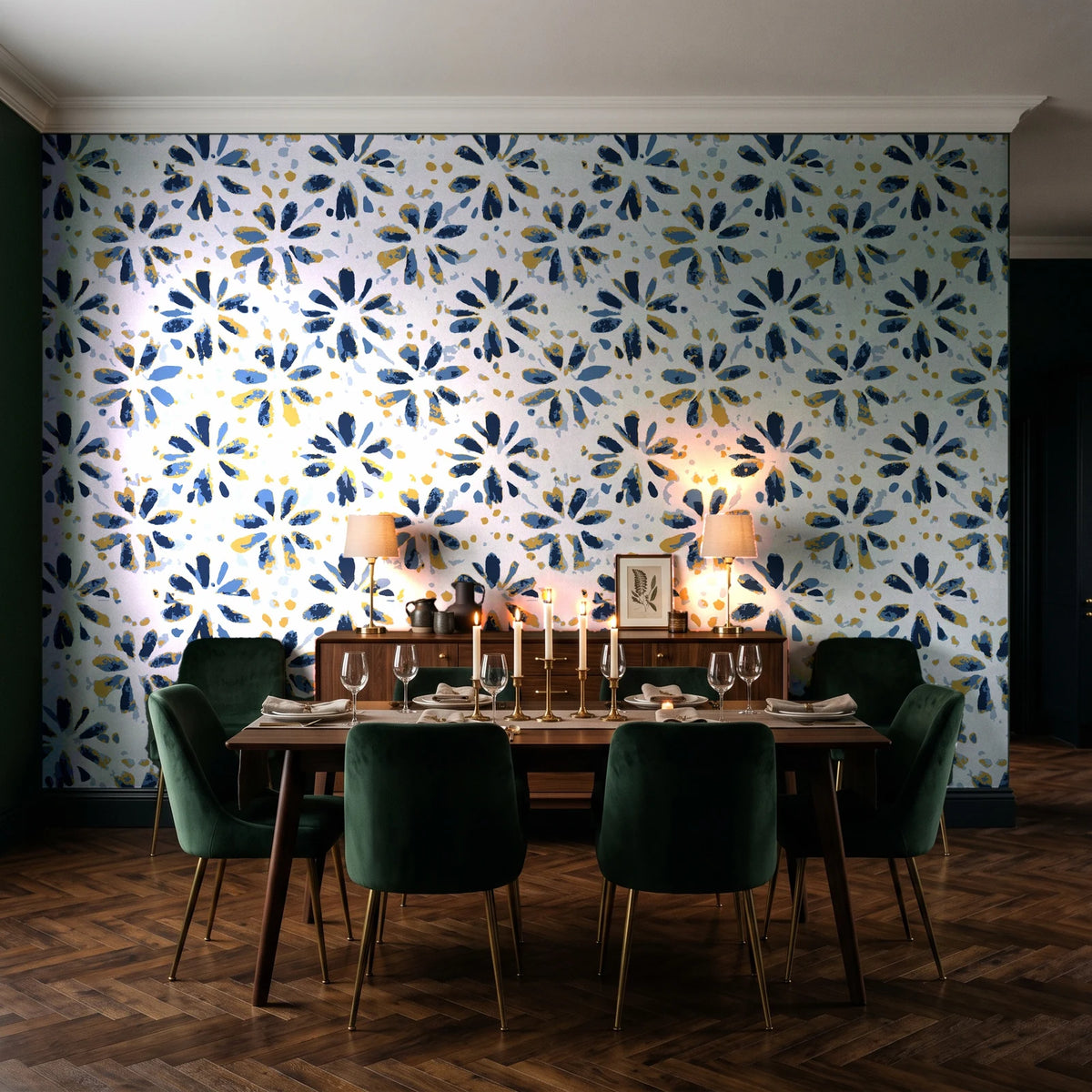 Gilt Scatter Navy floral scatter wallpaper in a dark moody dining room with a candlelit table