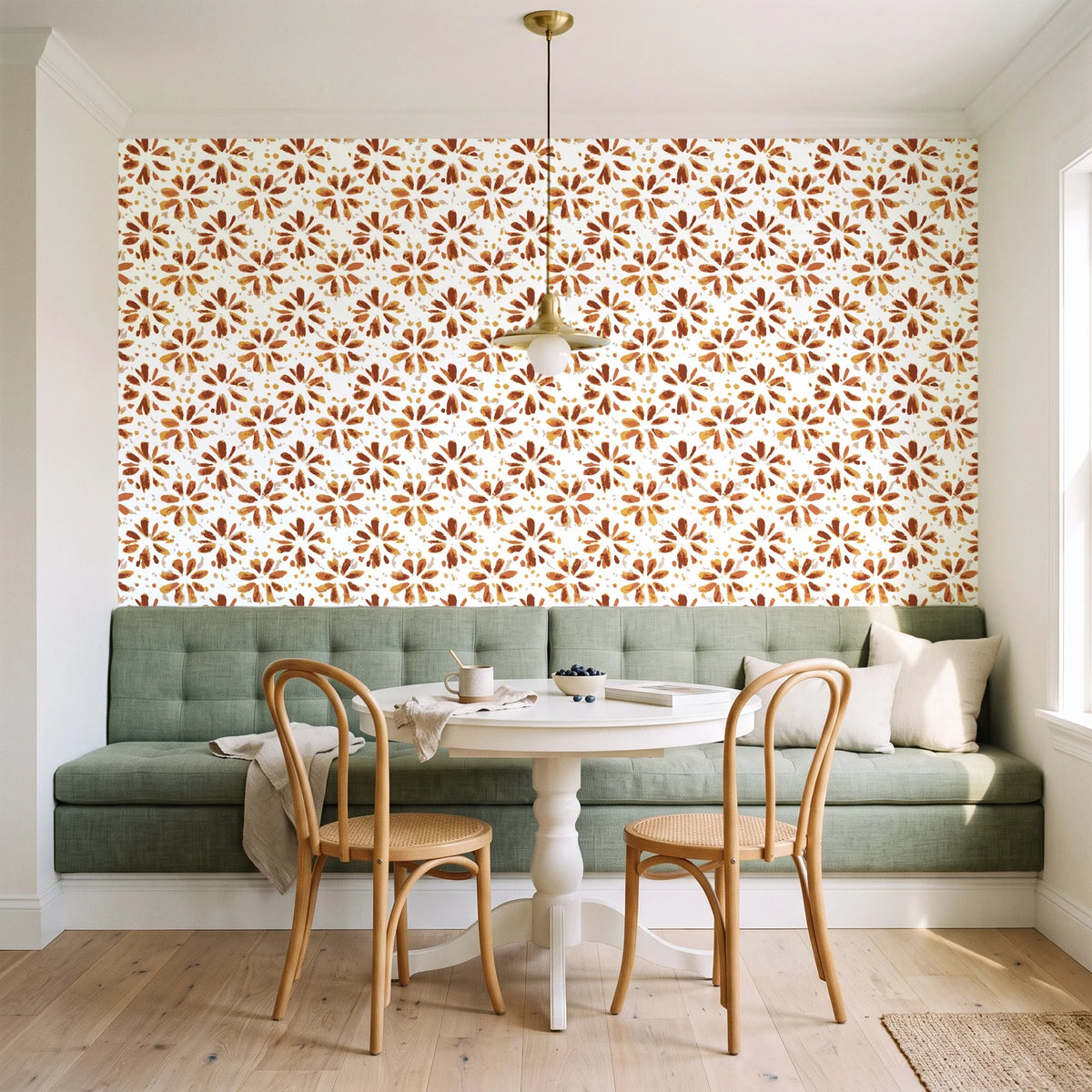 Gilt Scatter Terracotta floral scatter wallpaper as a feature wall in a sunlit breakfast nook