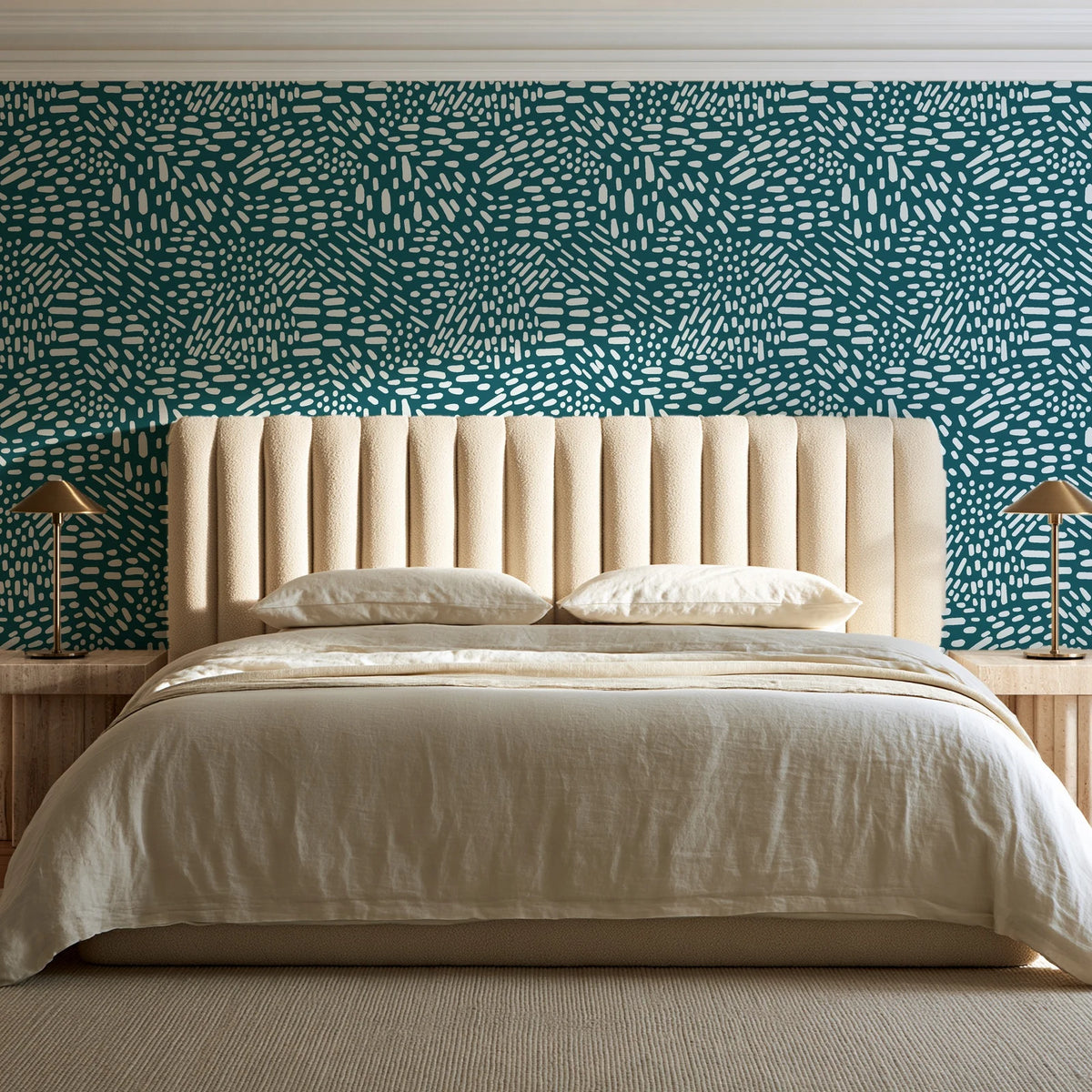 Grain Shift Teal minimalist dash wallpaper behind a channel-tufted bed in a calm primary bedroom