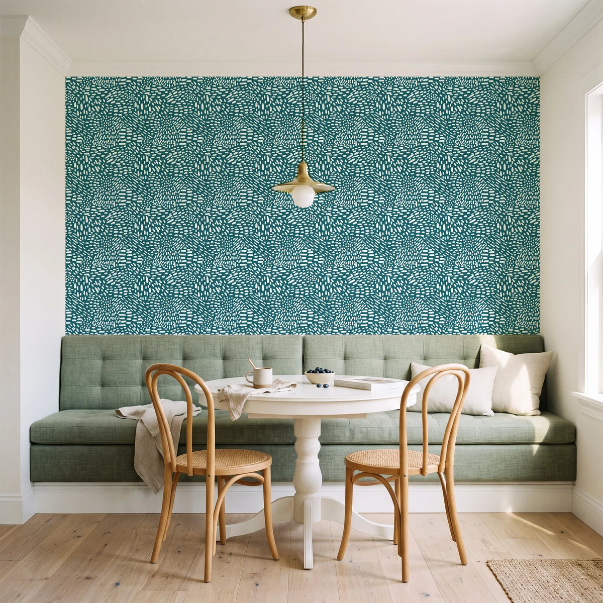 Grain Shift Teal minimalist dash wallpaper as a feature wall in a sunlit breakfast nook