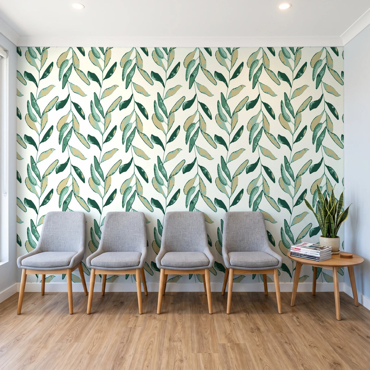 Hanging Garden Emerald botanical wallpaper behind a row of upholstered chairs in a bright clinic waiting room