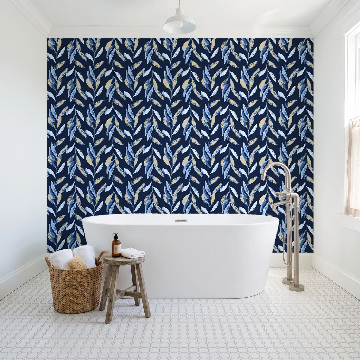 Hanging Garden Midnight botanical wallpaper behind a freestanding tub in a bright coastal bathroom