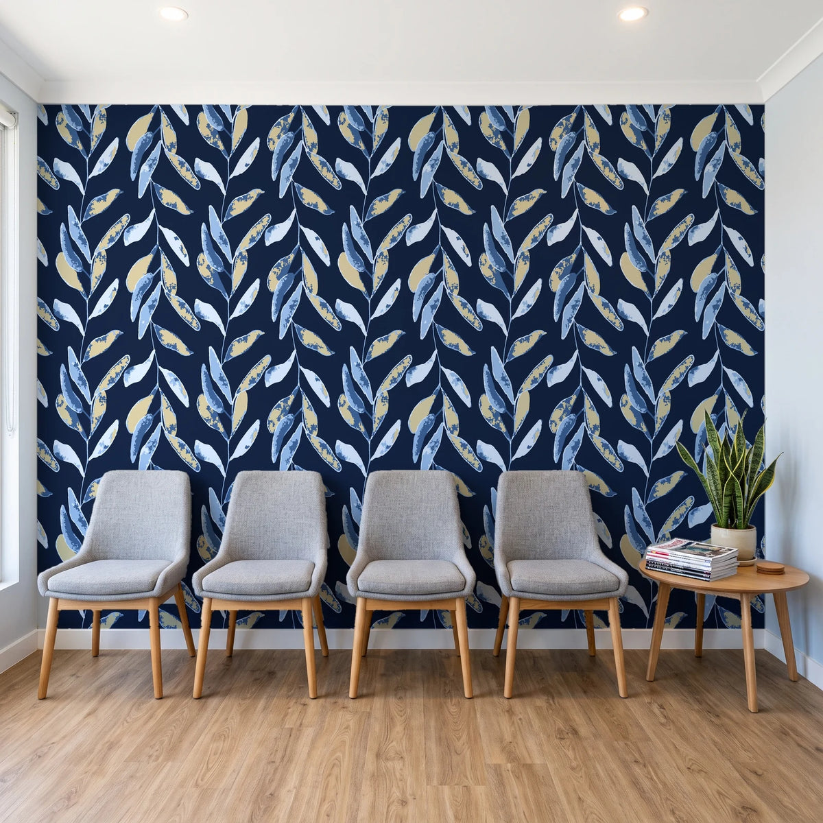 Hanging Garden Midnight botanical wallpaper behind a row of upholstered chairs in a bright clinic waiting room