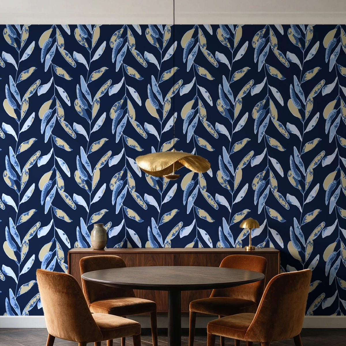 Hanging Garden Midnight botanical wallpaper behind a walnut credenza and round table in an elegant dining room