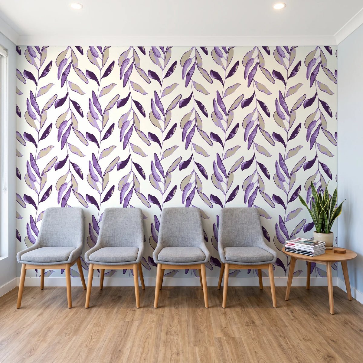 Hanging Garden Plum botanical wallpaper behind a row of upholstered chairs in a bright clinic waiting room