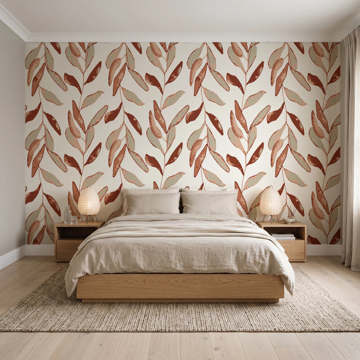 Hanging Garden Terracotta botanical wallpaper behind a low platform bed in a serene Japandi bedroom