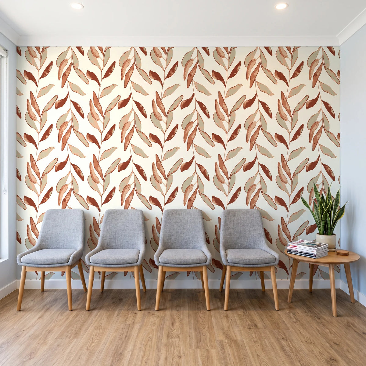 Hanging Garden Terracotta botanical wallpaper behind a row of upholstered chairs in a bright clinic waiting room
