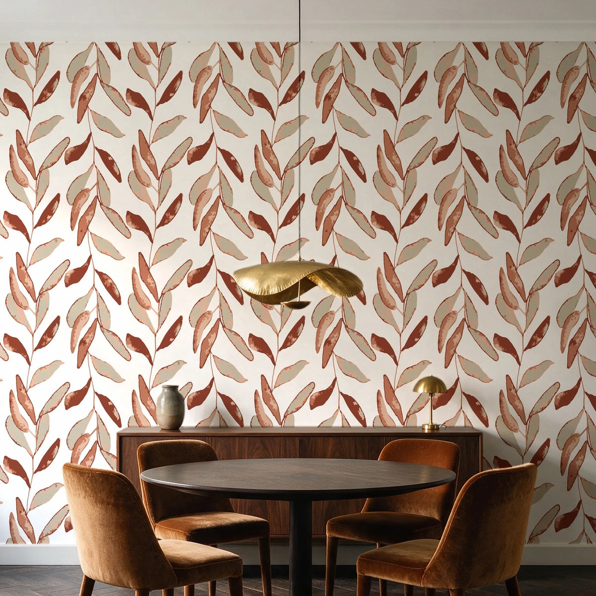 Hanging Garden Terracotta botanical wallpaper behind a walnut credenza and round table in an elegant dining room