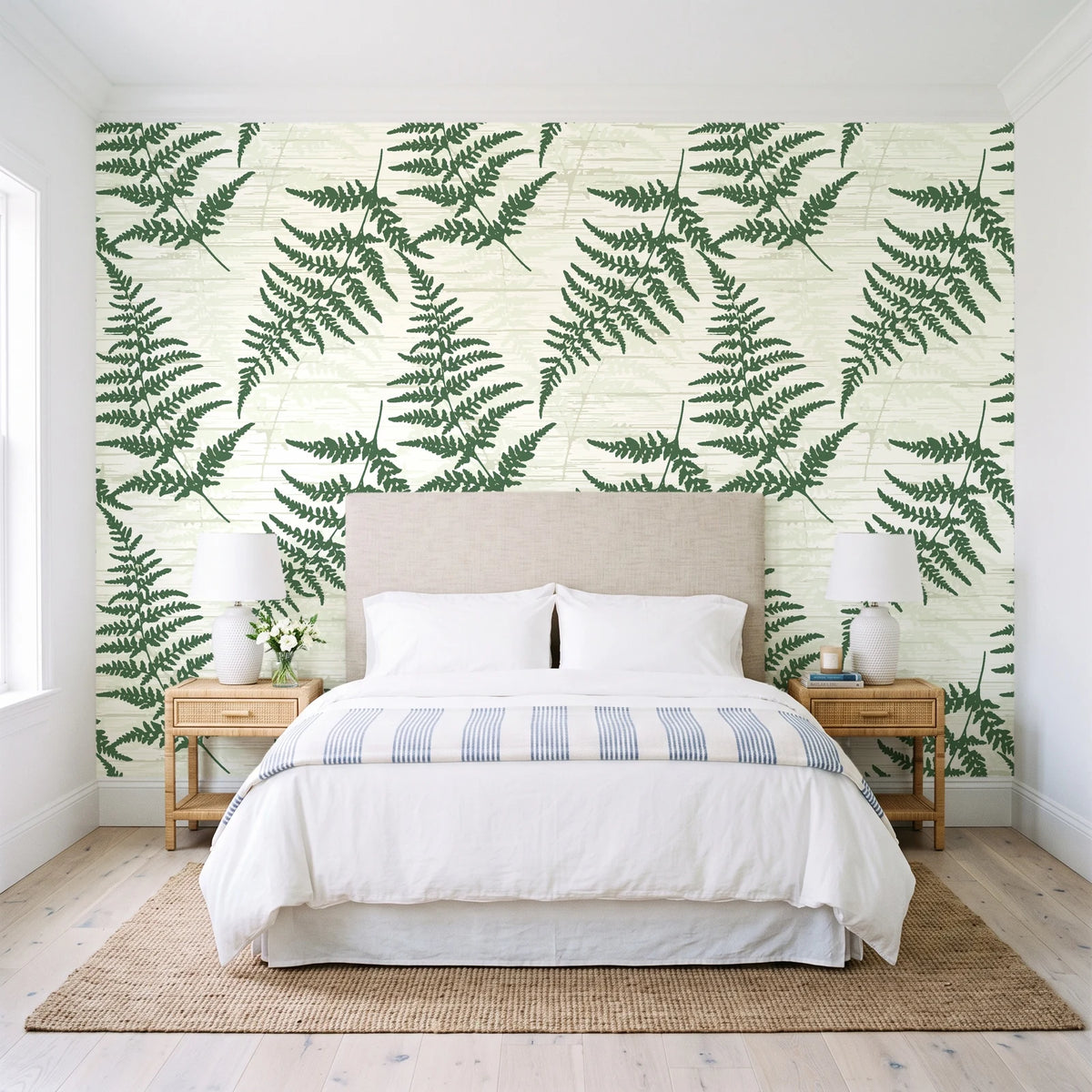 Harbor Fern Moss fern wallpaper behind a queen bed in a bright coastal bedroom