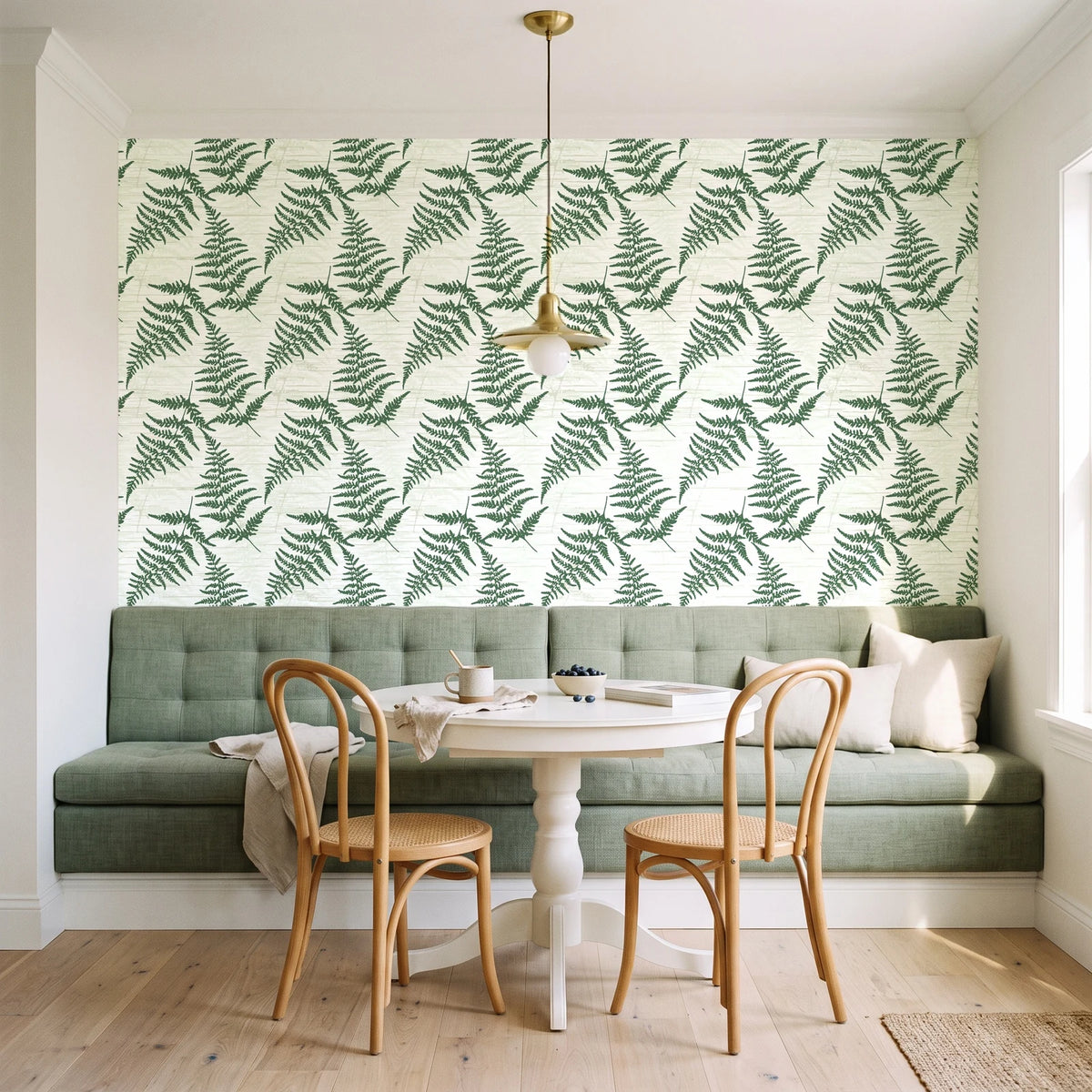 Harbor Fern Moss fern wallpaper as a feature wall in a sunlit breakfast nook