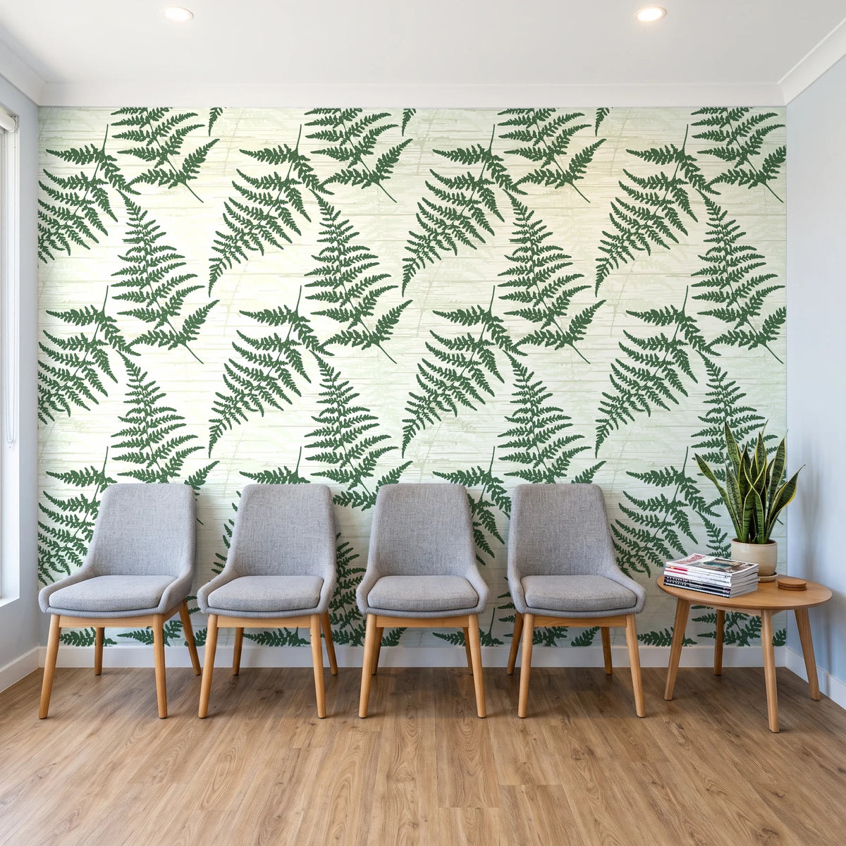 Harbor Fern Moss fern wallpaper behind a row of upholstered chairs in a bright clinic waiting room
