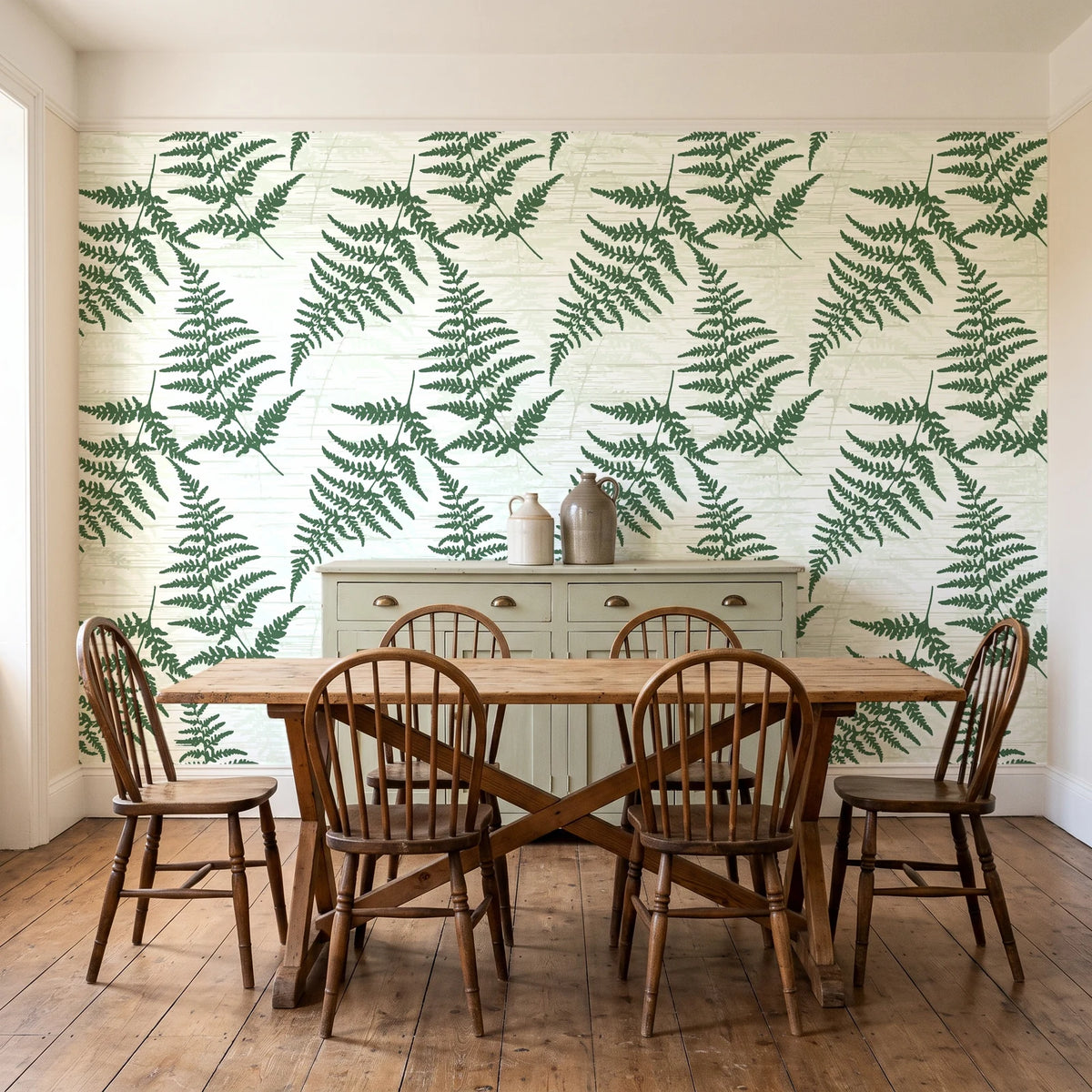 Harbor Fern Moss fern wallpaper in a farmhouse dining room with a sage sideboard and rustic trestle table