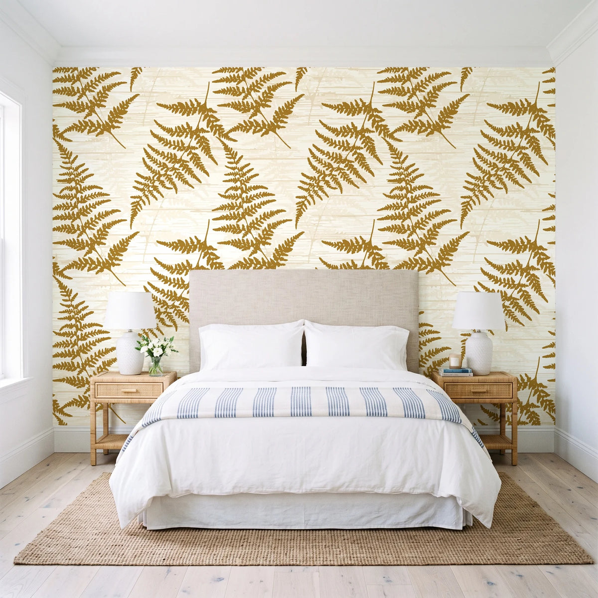 Harbor Fern Ochre fern wallpaper behind a queen bed in a bright coastal bedroom