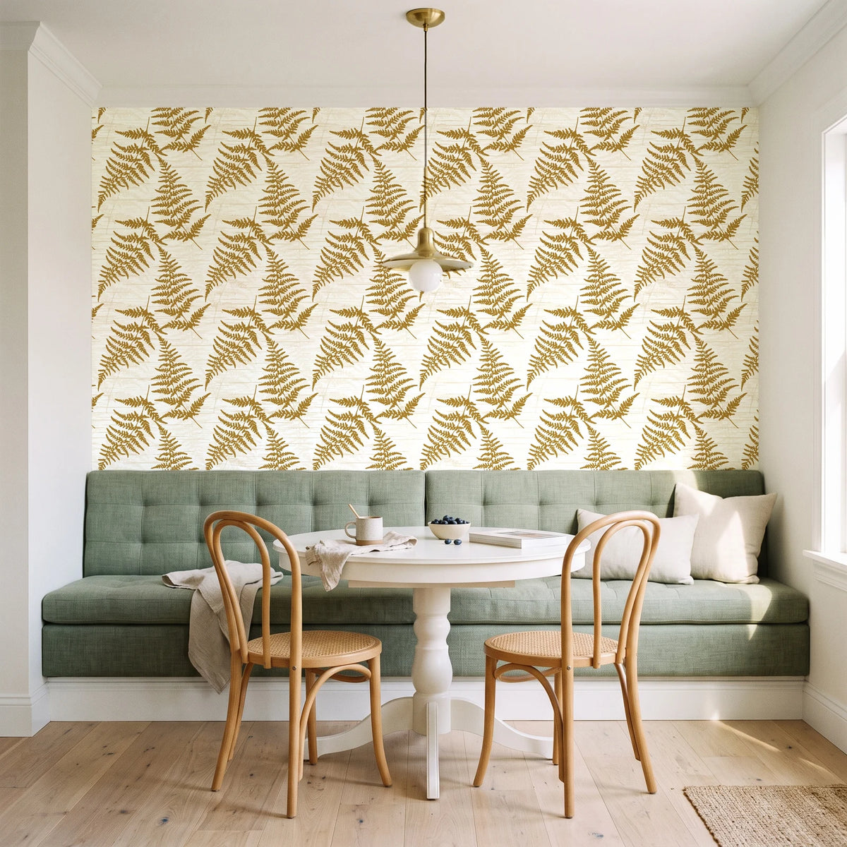 Harbor Fern Ochre fern wallpaper as a feature wall in a sunlit breakfast nook