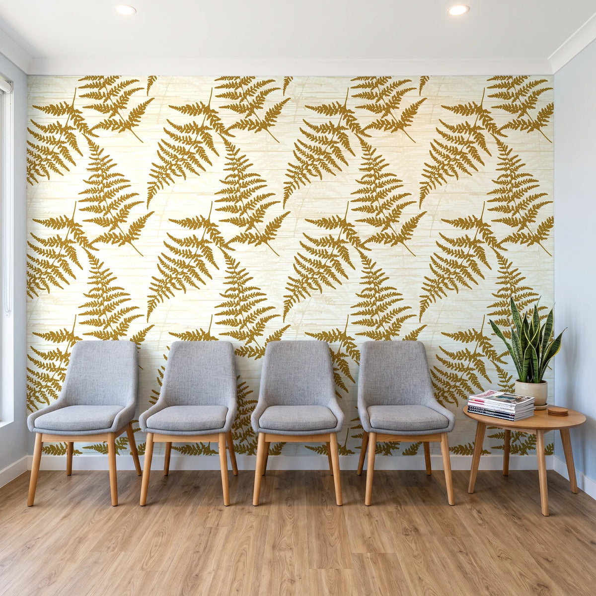 Harbor Fern Ochre fern wallpaper behind a row of upholstered chairs in a bright clinic waiting room