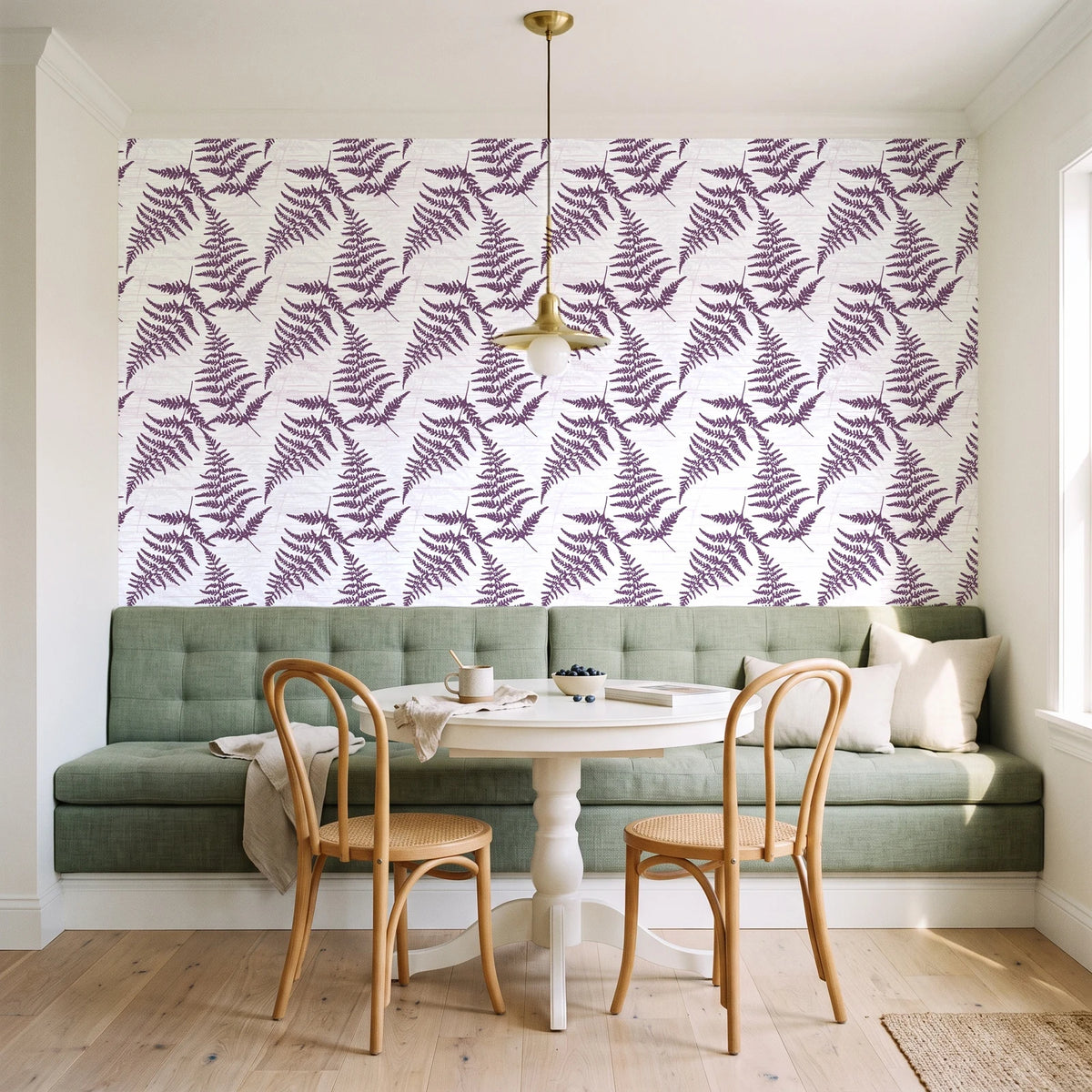 Harbor Fern Plum fern wallpaper as a feature wall in a sunlit breakfast nook