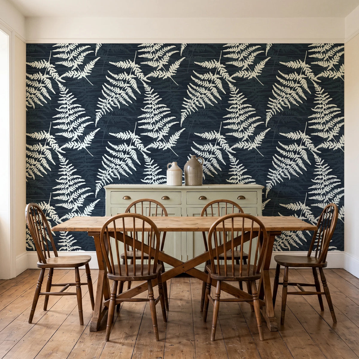 Harbor Fern Slate fern wallpaper in a farmhouse dining room with a sage sideboard and rustic trestle table