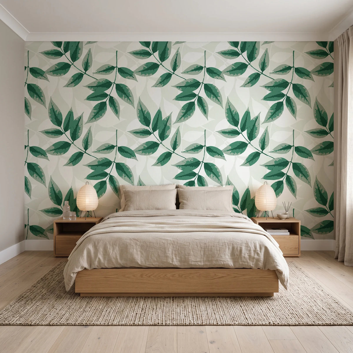 Harvest Crown Emerald leafy branch wallpaper behind a low platform bed in a serene Japandi bedroom