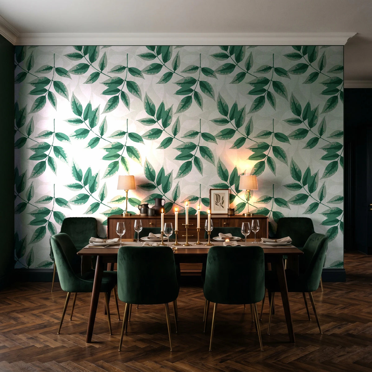 Harvest Crown Emerald leafy branch wallpaper in a dark moody dining room with a candlelit table