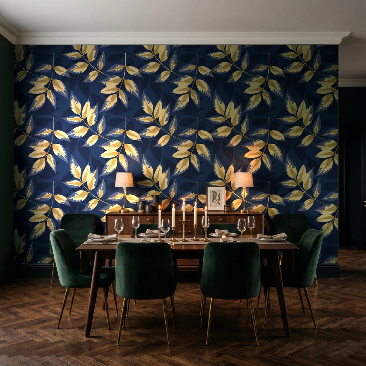 Harvest Crown Midnight leafy branch wallpaper in a dark moody dining room with a candlelit table