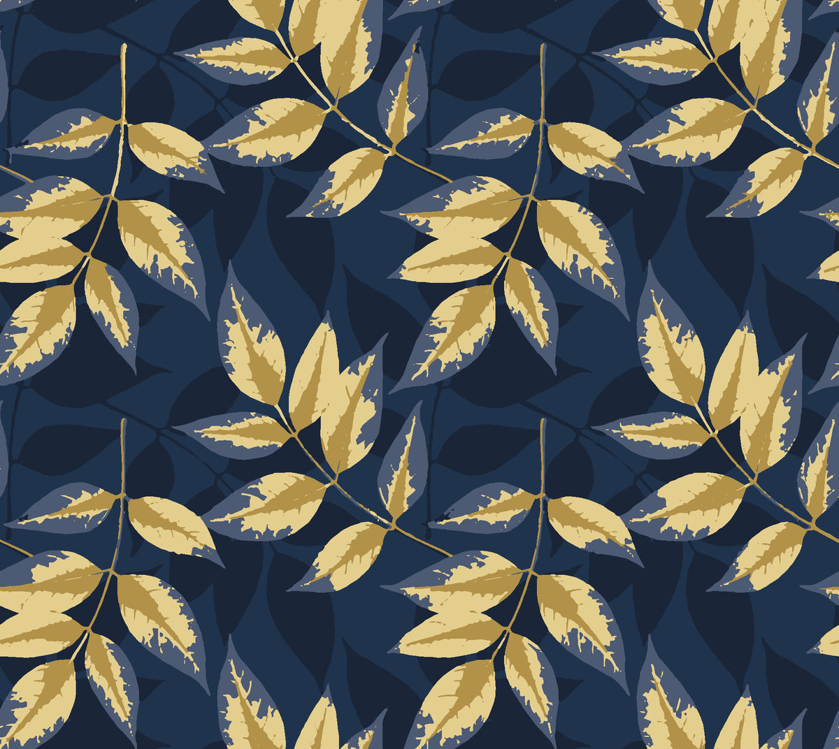 Harvest Crown Midnight leafy branch wallpaper in midnight and champagne