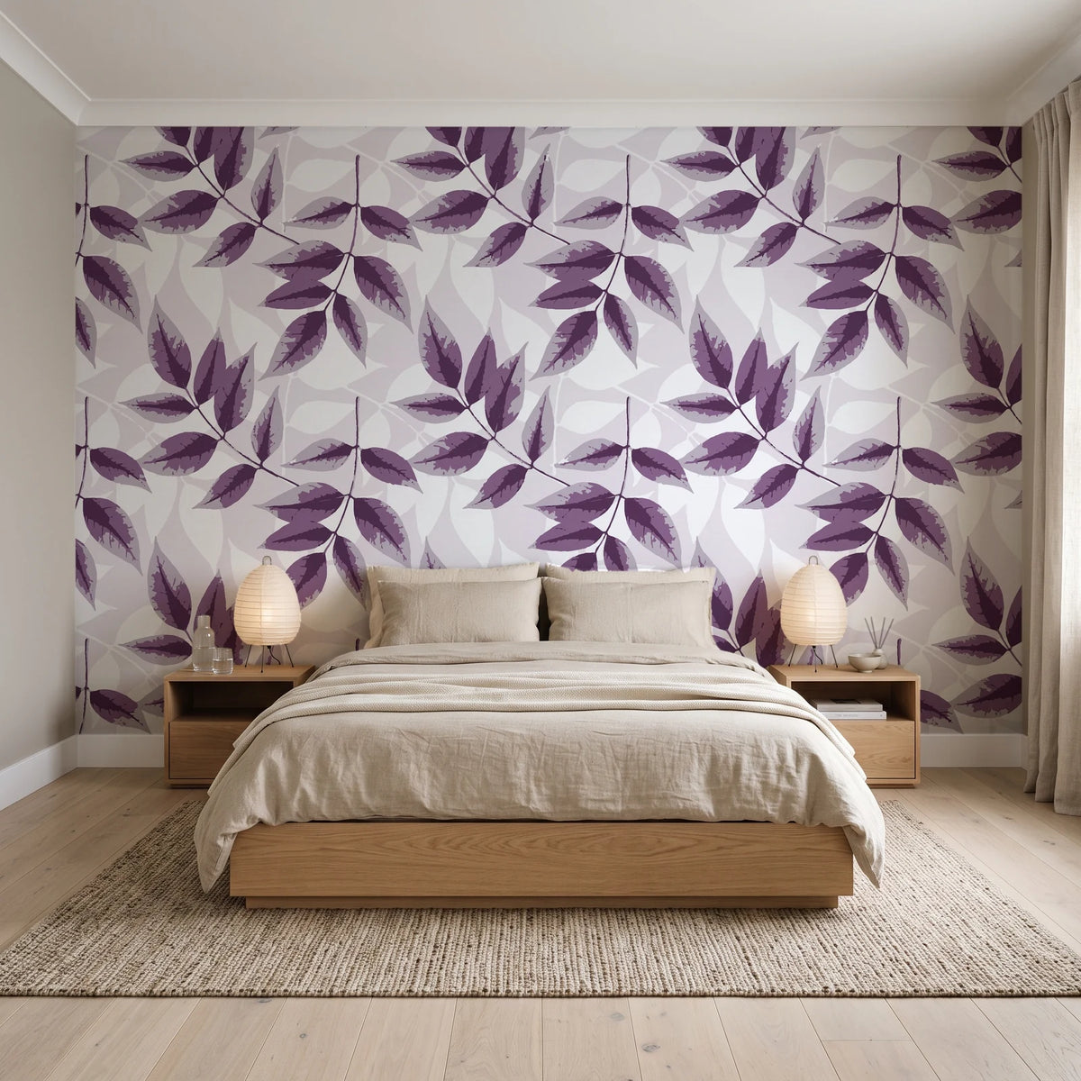 Harvest Crown Plum leafy branch wallpaper behind a low platform bed in a serene Japandi bedroom