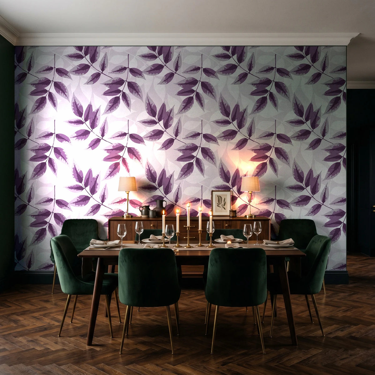 Harvest Crown Plum leafy branch wallpaper in a dark moody dining room with a candlelit table