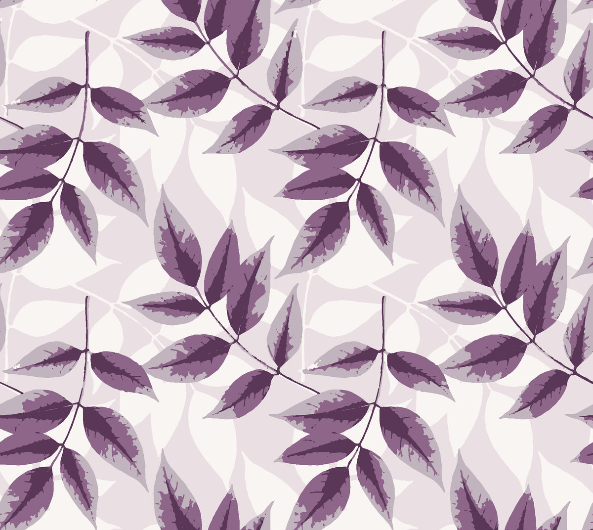 Harvest Crown Plum leafy branch wallpaper in plum and pearl