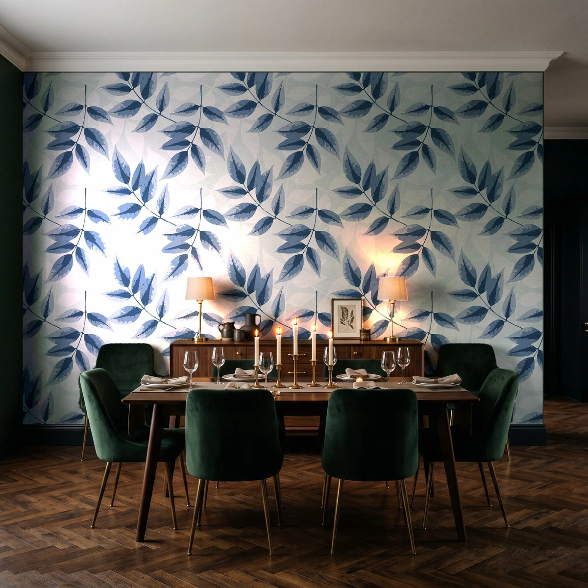 Harvest Crown Slate leafy branch wallpaper in a dark moody dining room with a candlelit table