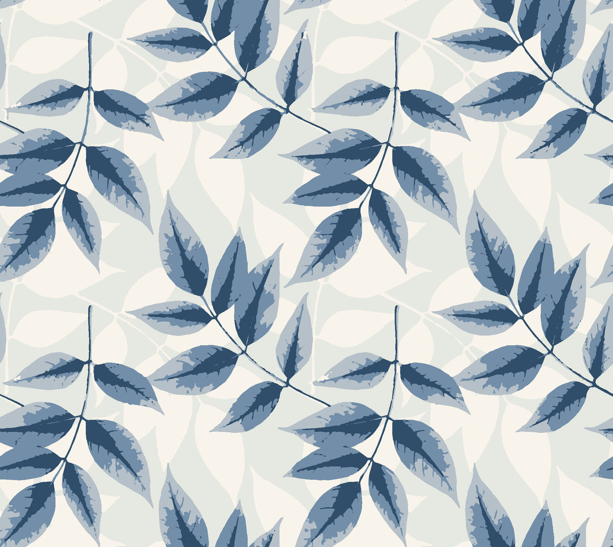Harvest Crown Slate leafy branch wallpaper in slate blue and linen