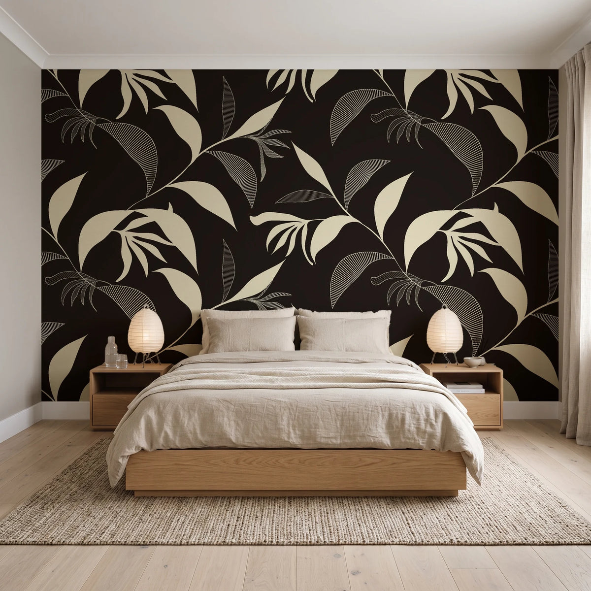 Hatched Frond Espresso hatched frond wallpaper behind a low platform bed in a serene Japandi bedroom