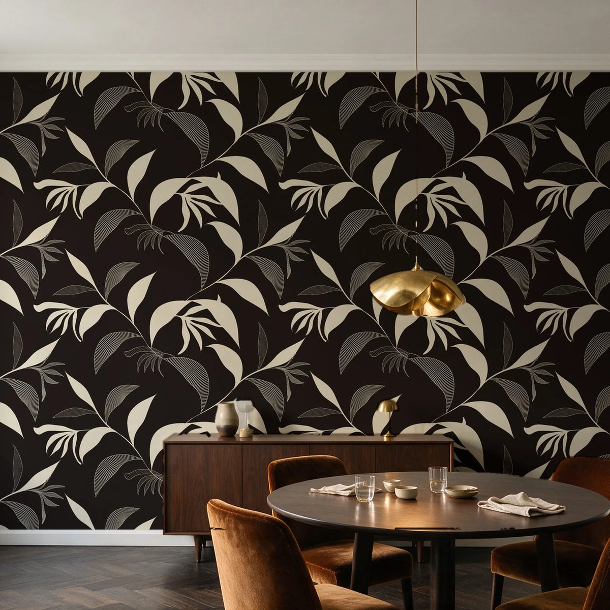Hatched Frond Espresso hatched frond wallpaper in an elegant dining room